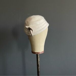 Vintage Ivory Angora Wool Cloche Hat Bow Detail Soft Minimal Luxe Dainty French